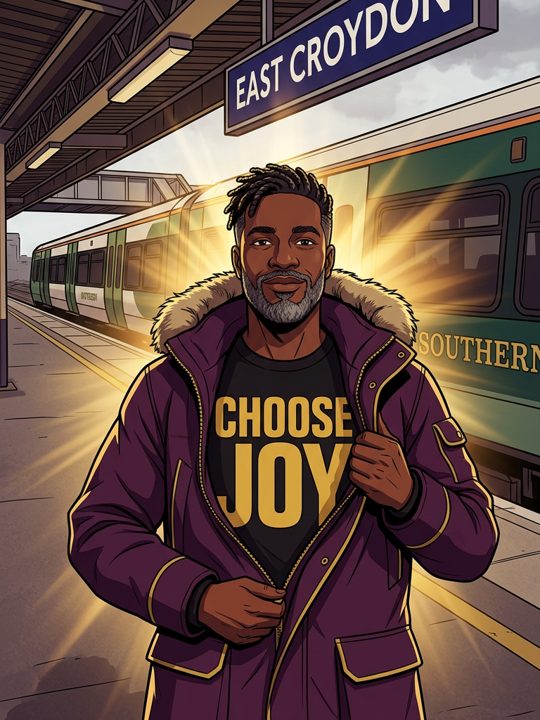 An illustrated Black man at East Croydon station opening his parka to reveal a CHOOSE JOY T-shirt