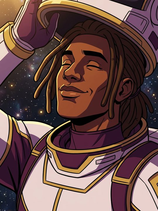 An illustrated young Black astronaut lifting off his helmet in golden sunlight