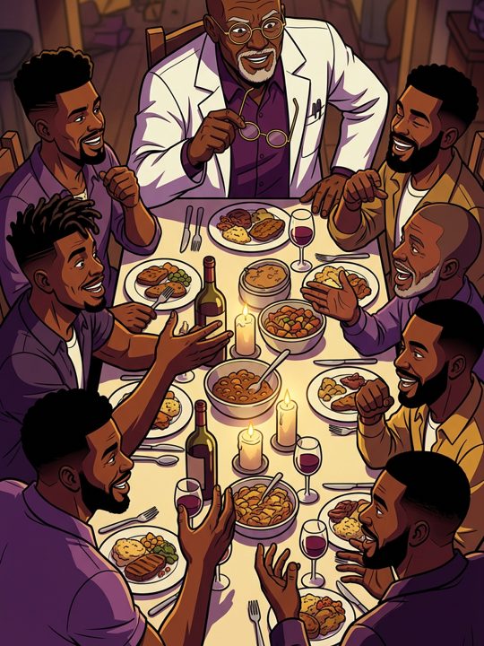 An illustrated dinner table of Black queer men of different ages in lively debate