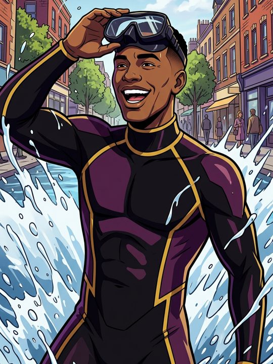 An illustrated Black man in a wetsuit bursting out of the water onto a sunny high street, laughing